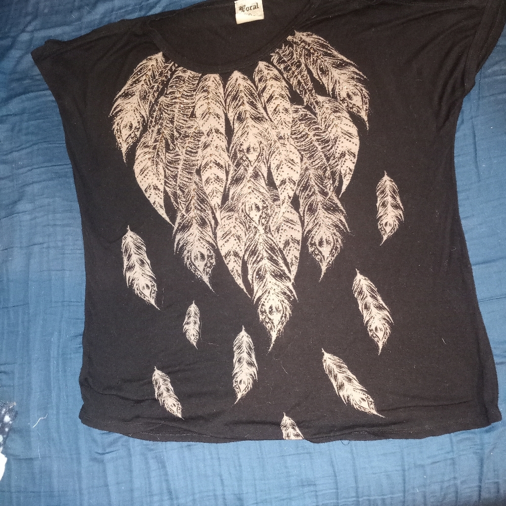 Vocal Black Tee with Gold Feather Design